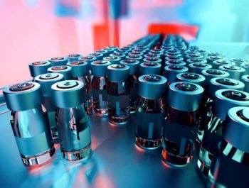 Close-up of medicine glass vials on a pharmaceutical production line, with metal caps and blank labels, moving forward. Industrial background, manufacturing equipment. Teal and orange hues. Digitally generated image. Selective focus.